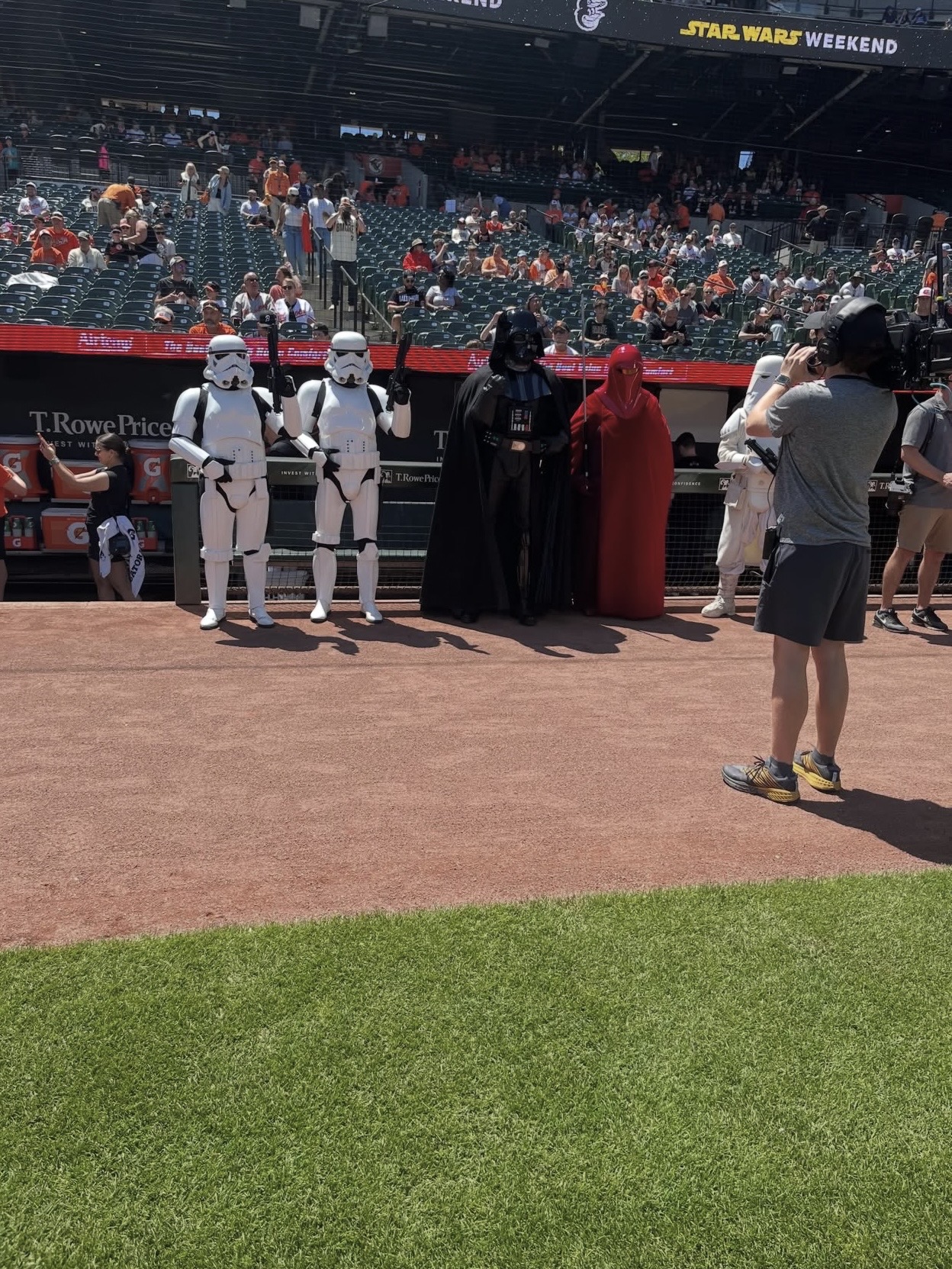 Star Wars characters visiting the field during Orioles Youth Sports Day